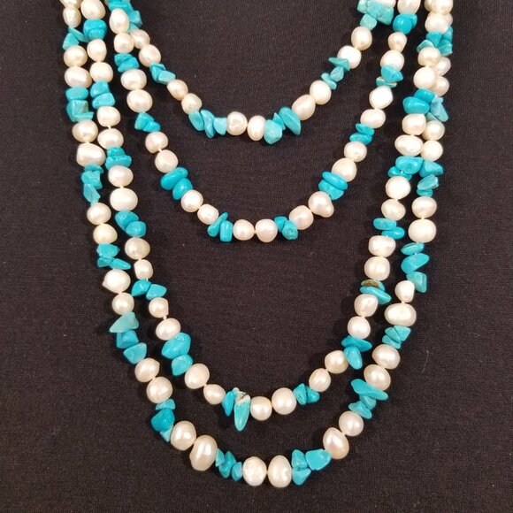Pearls & Turquoise Rope Necklaces x 2 Freshwater Pearls & Turquoise Chips - Picture 14 of 15